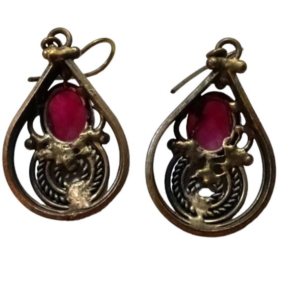 Vintage Dangle Earrings Pear Drop Shape with Red Rubies 1" Long - Picture 2 of 3